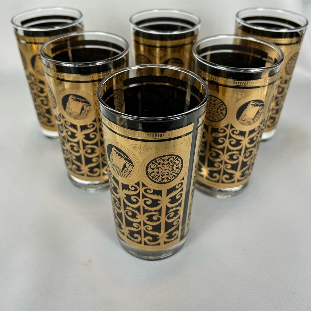 Set of 6 Vtg Rock of Gibraltar Gold & Black Scroll Glasses Tumblers Libbey MCM